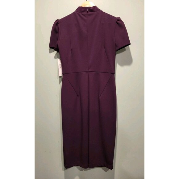 New Maggie London Purple Short Sleeve High Neck Bow Pencil Dress Sz 4 Office - Picture 4 of 7